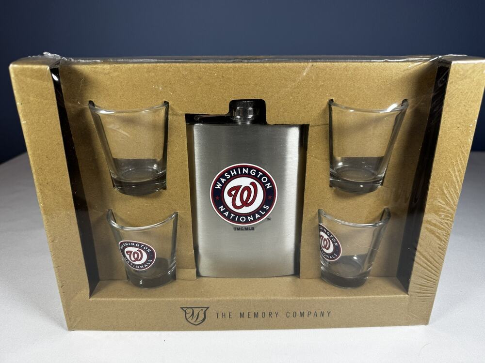 Washington Nationals Flask Shot Glass Set 8oz 4 Glasses MLB NEW Sealed